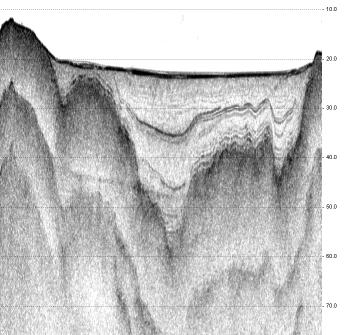 High penetration chirp sub-bottom
              profile demonstrating ability to reveal hard bottom or
              bedrock contour under marine sediment layers